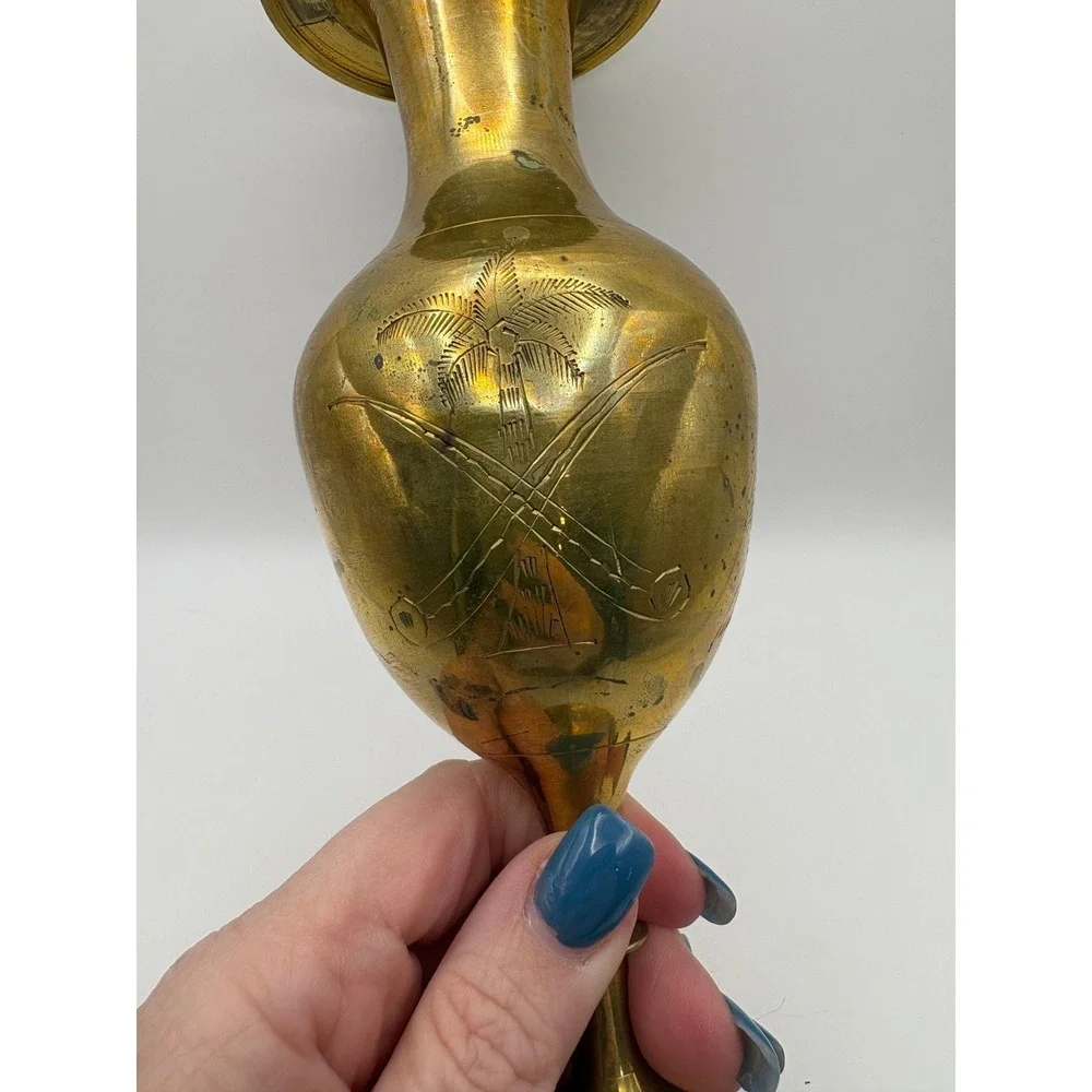 Vintage Brass Vase Etched Palm Trees Golf Clubs Goblet Style